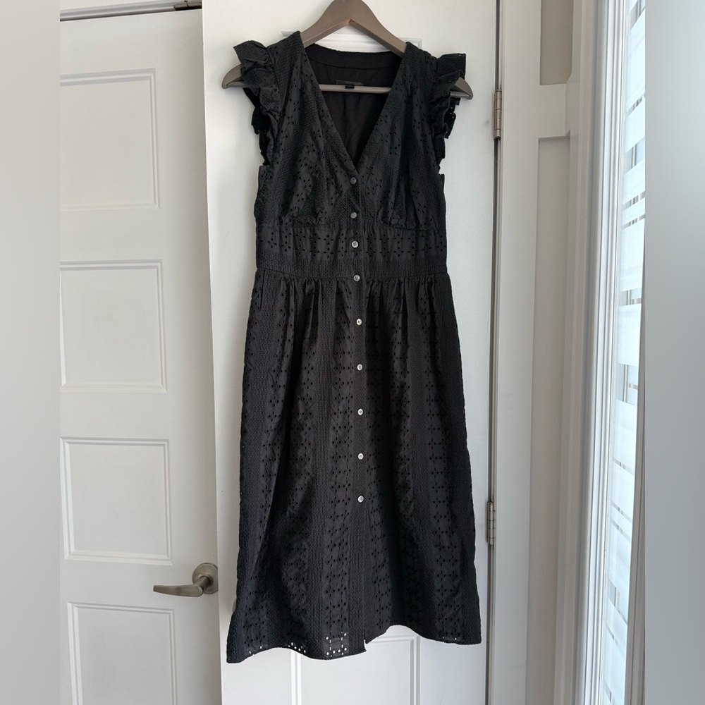 J. Crew Black Eyelet Midi Dress with Button Front